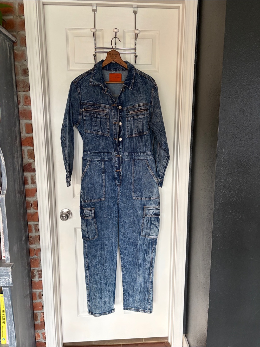 Signature8 Acid Wash Denim Utility Long Sleeve Jumpsuit Size Medium